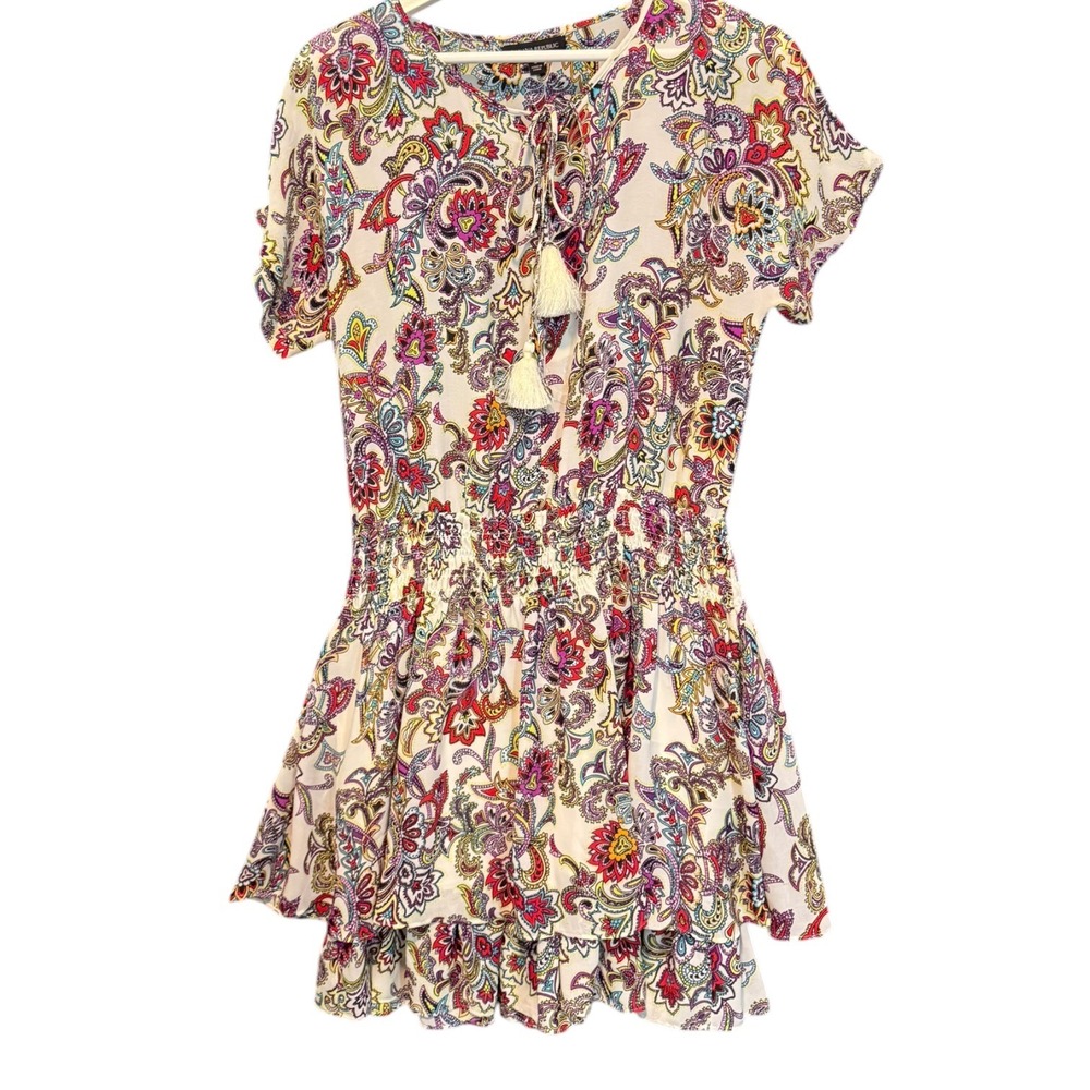 Banana Republic Paisley Smocked Waist Tiered Mini Dress Short Sleeve Tassel Sz S